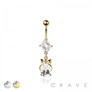 316L SURGICAL STEEL CZ RIBBON TEARDROP DANGLE ROUND CZ BELLY BUTTON NAVEL RING 